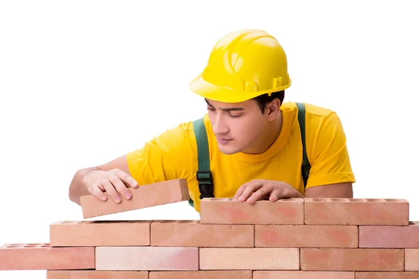 Hermoso trabajador de la construcción edificio pared de ladrillo — Foto de Stock