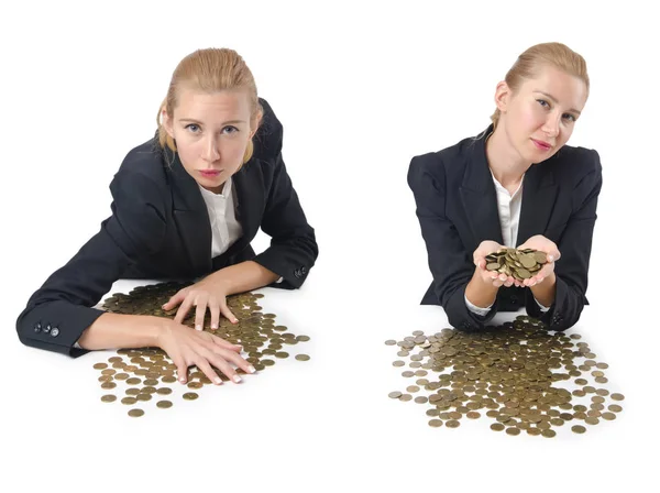 Mujer hombre de negocios con monedas en blanco —  Fotos de Stock