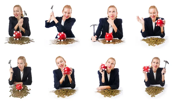 Woman breaking piggy bank for savings — Stock Photo, Image