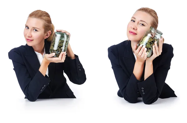 Businesswoman with coins on white — Stock Photo, Image