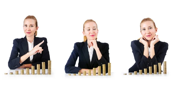 Kvinna affärsman med mynt på vit — Stockfoto