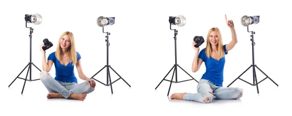 Woman during photo photosession on white — Stock Photo, Image