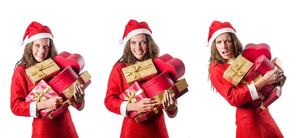 Santa menina com caixas de presente no branco — Fotografia de Stock