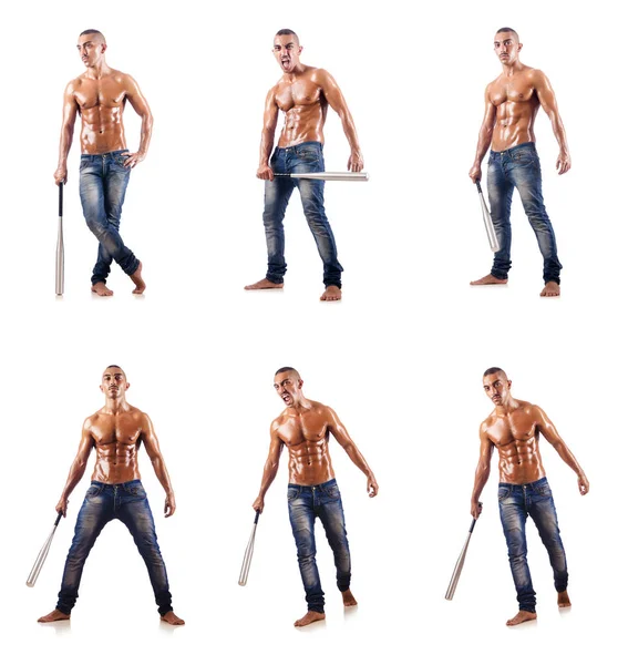 Muscular man with baseball bat on white — Stock Photo, Image