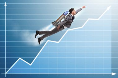 Roket komik iş kavramı ile uçan işadamı