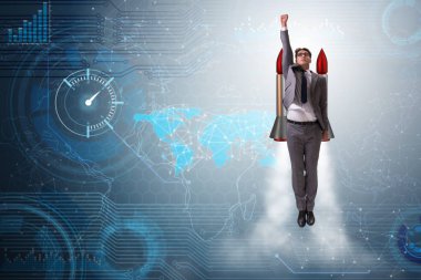 Roket komik iş kavramı ile uçan işadamı