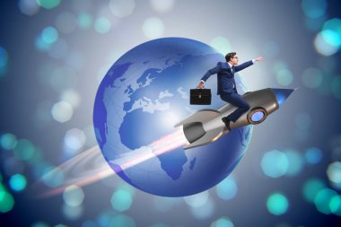 Küresel iş kavramı içinde roket üzerinde işadamı