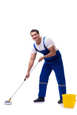 Adam beyaz izole Zemin Temizleme