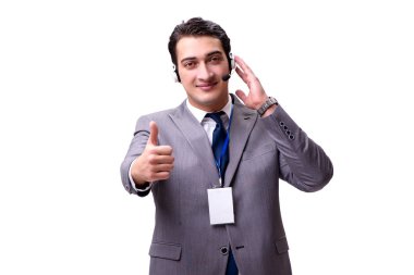 Beyaz izole kulaklık ile yakışıklı adam