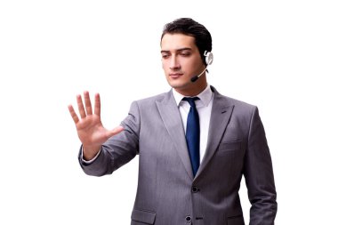 Beyaz izole kulaklık ile yakışıklı adam