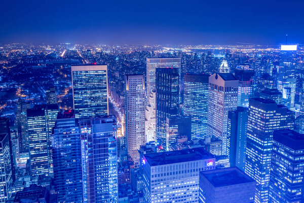 Night view of New York Manhattan during sunset