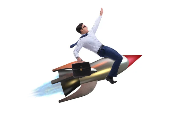 Affärsman som flyger på raket i affärsidé — Stockfoto