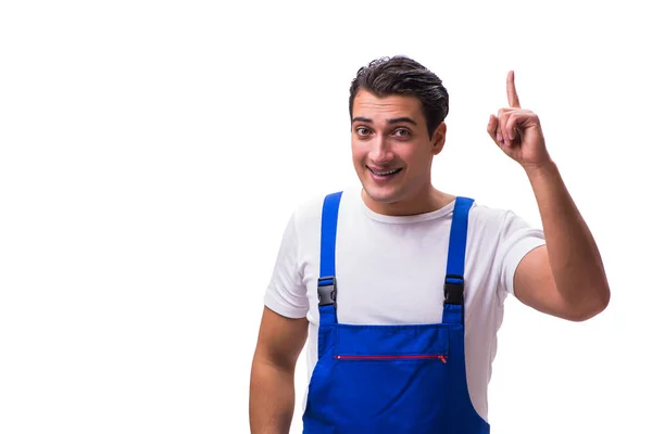 Handsome repairman wearing blue coveralls on white — Stock Photo, Image