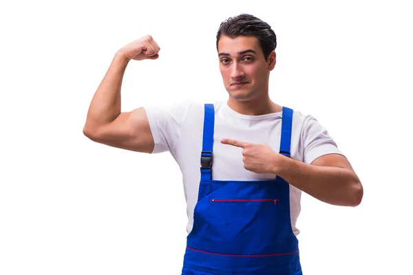 Gutaussehender Reparateur in blauen Overalls auf weißem Grund — Stockfoto