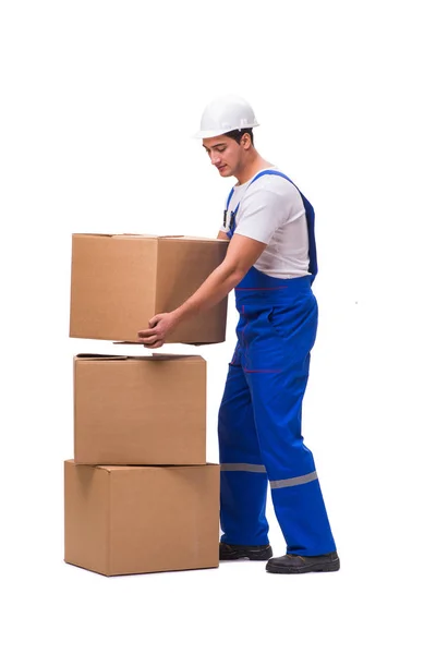 Homem entregando caixa isolada no branco — Fotografia de Stock