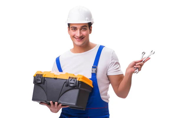 Man met toolbox geïsoleerd op wit — Stockfoto