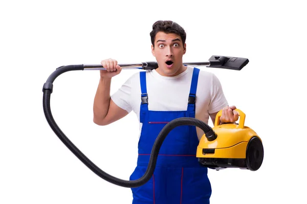 Hombre en mono haciendo la limpieza al vacío en blanco —  Fotos de Stock