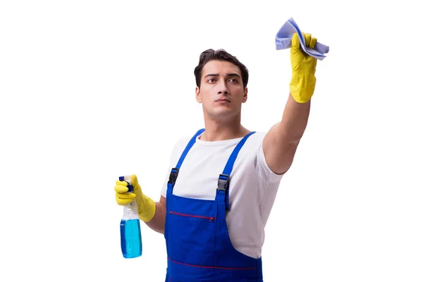 Man met reinigingsmiddelen geïsoleerd op witte achtergrond — Stockfoto