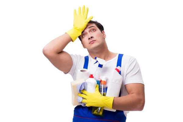 Hombre con agentes de limpieza aislados sobre fondo blanco — Foto de Stock