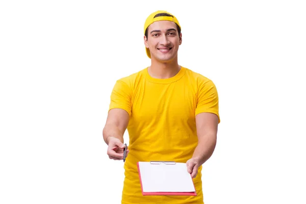 Ragazzo consegna isolato sullo sfondo bianco — Foto Stock