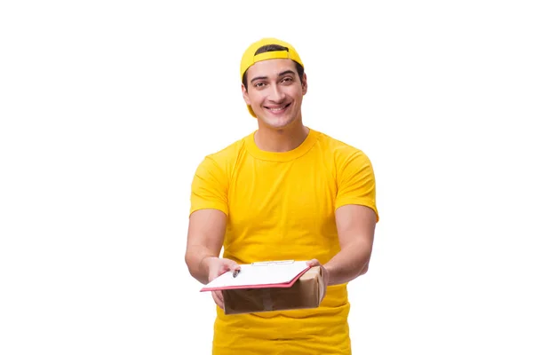 Man delivering christmas present isolated on white — Stock Photo, Image