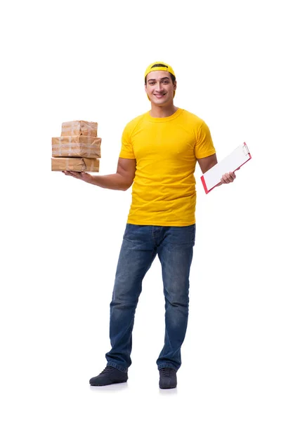 Man delivering christmas present isolated on white — Stock Photo, Image