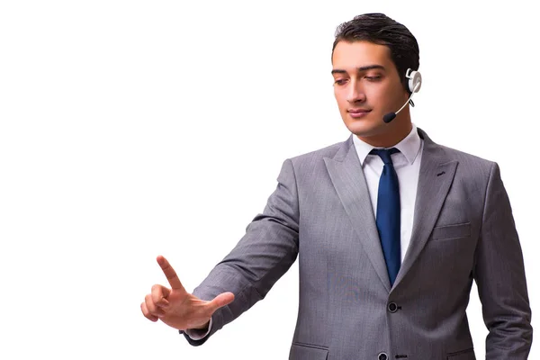 Homem bonito com fone de ouvido isolado em branco — Fotografia de Stock