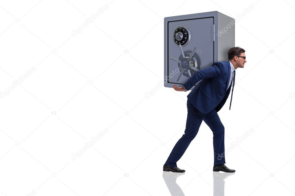 BUsinessman stealing metal safe from bank