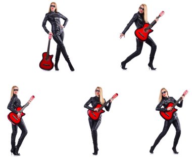 Beyaz tenli gitar çalan genç bir kadın.