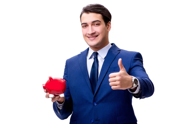 Bonito homem de negócios com mealheiro isolado em branco — Fotografia de Stock