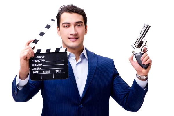 Handsome man with movie clapper isolated on white — Stock Photo, Image