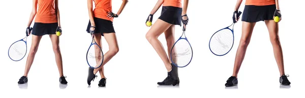 Jovem mulher jogar tênis isolado no branco — Fotografia de Stock