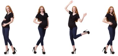 Karmaşık görüntülü hamile kadın beyazda izole edilmiş.