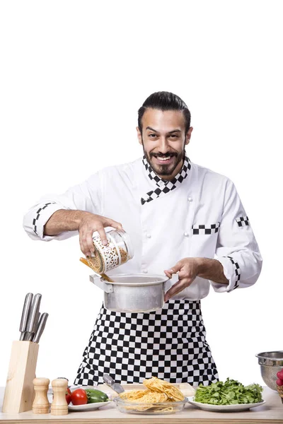 Engraçado cozinheiro masculino isolado no fundo branco — Fotografia de Stock