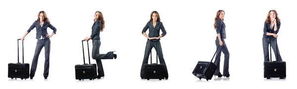 Donna d'affari con valigia su bianco — Foto Stock
