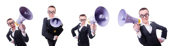 Young businessman with loudspeaker on white — Stock Photo, Image