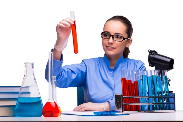 Young female doctor in lab isolated on white — Stock Photo, Image