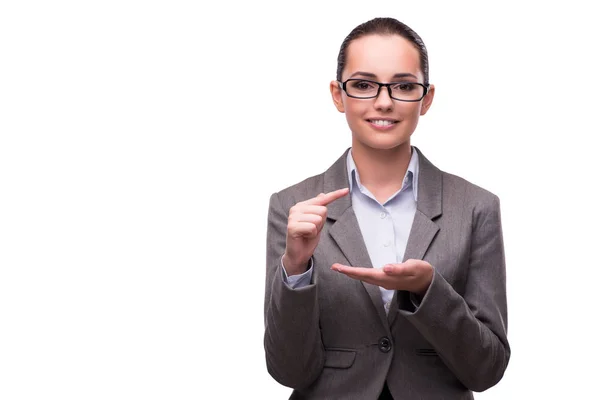 Bsuinesswoman presionando botones virtuales aislados en blanco — Foto de Stock