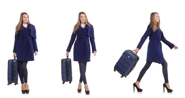 Молода бізнес-леді з валізою ізольована на білому — стокове фото