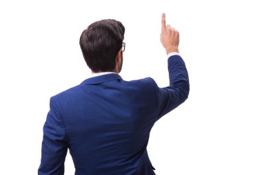 Genç işadamı beyaz izole sanal düğmelere basarak