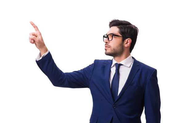 Joven empresario presionando botones virtuales aislados en blanco —  Fotos de Stock