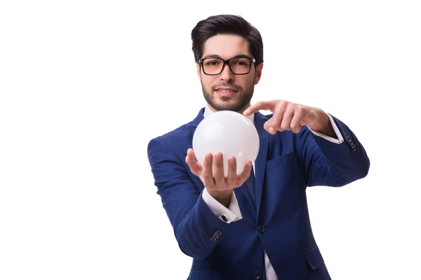 Uomo d'affari con palla di cristallo isolato su sfondo bianco — Foto Stock