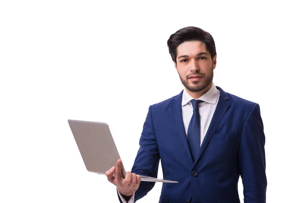 Empresário trabalhando com laptop isolado em branco — Fotografia de Stock