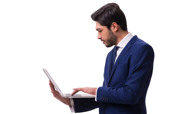 Biznesmen pracę z laptopa na białym tle — Zdjęcie stockowe