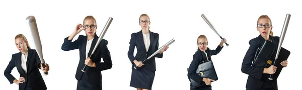 Businesswoman with baseball bat on white — Stock Photo, Image