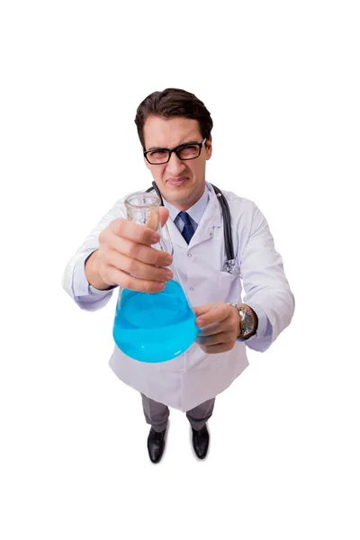 Médico divertido con líquido azul aislado en blanco — Foto de Stock