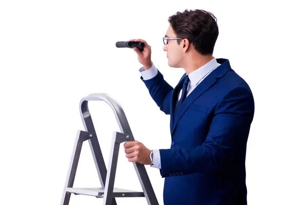 Businessman at top of ladder with binoculars — Stock Photo, Image
