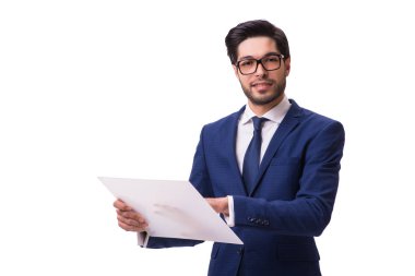 Beyaz arka plan üzerinde izole tablet üzerinde çalışan iş adamı