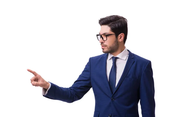 Joven empresario presionando botones virtuales aislados en blanco —  Fotos de Stock