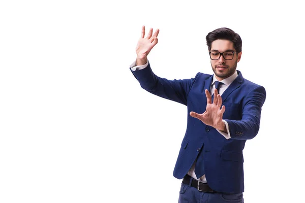 Joven empresario presionando botones virtuales aislados en blanco — Foto de Stock